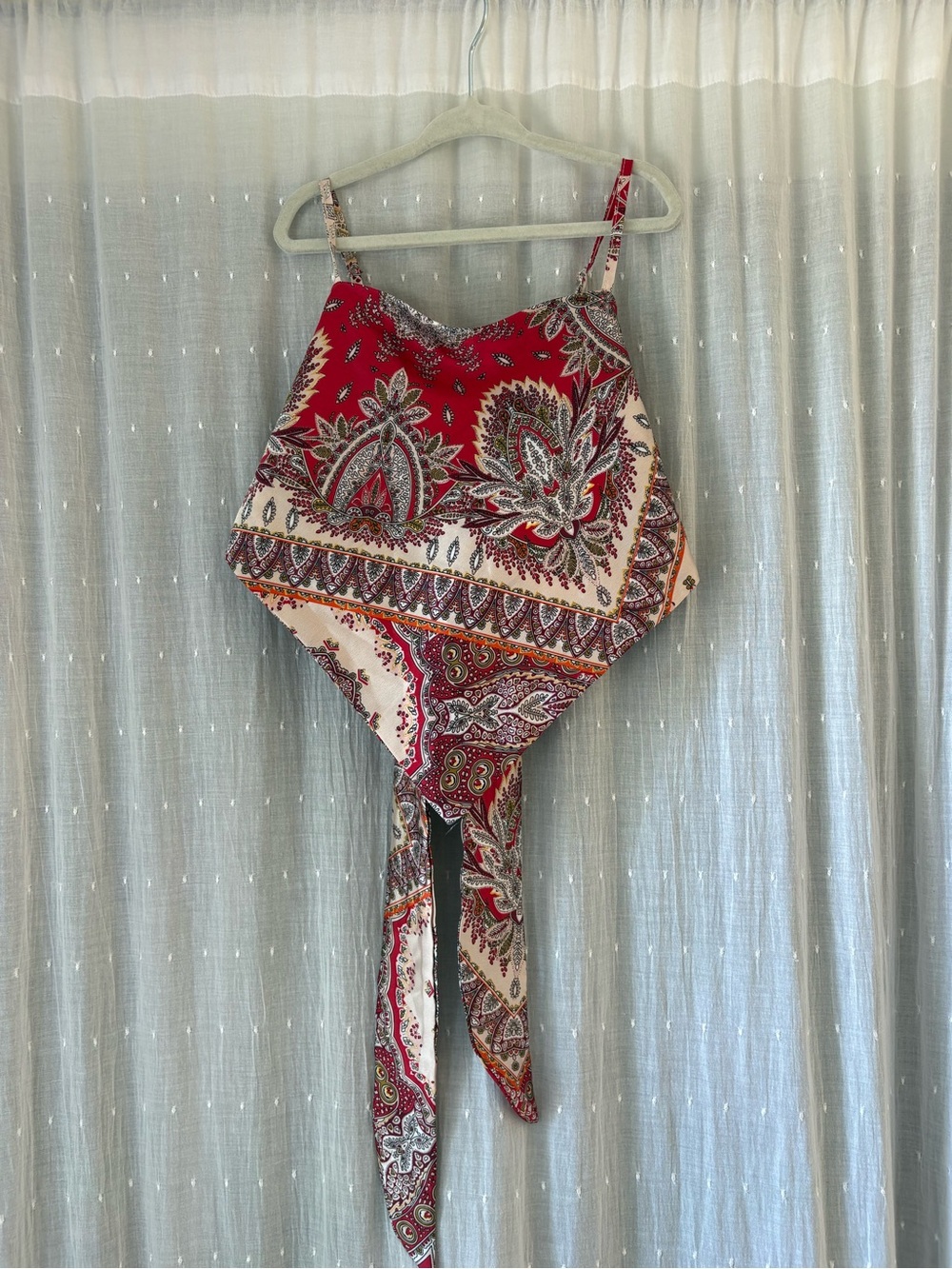 SHEIN Red and Cream Paisley Tie-Front Crop Top